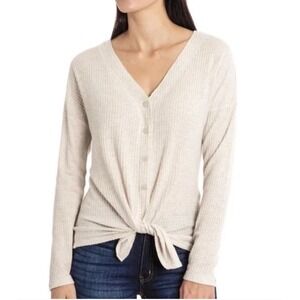 Isaac Mizrahi Waffle Knit Button-Front Tie Top Womens XL Oatmeal